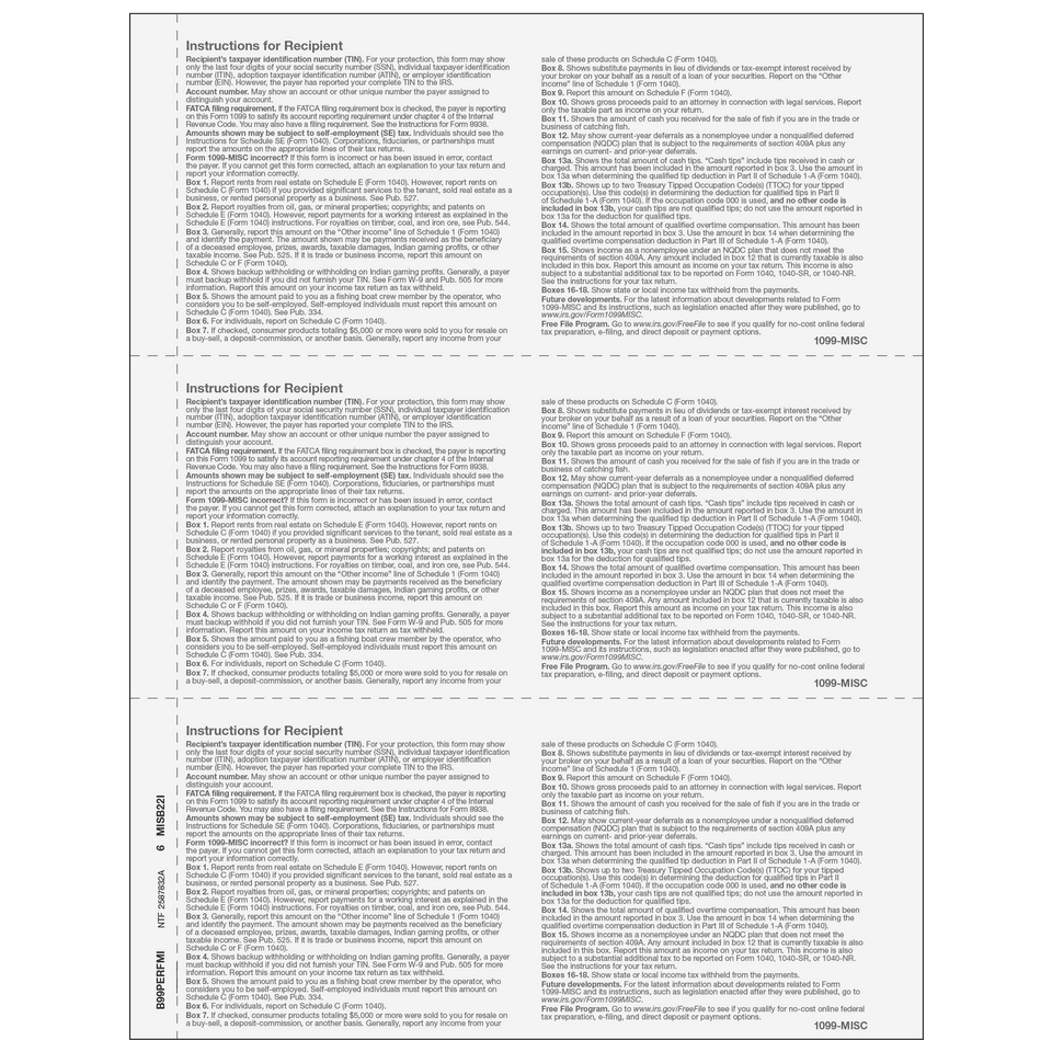 2026 1099 3-Up Blank Laser Paper with 1/2 Inch Side Perforation and 1099-MISC Instructions – Back View