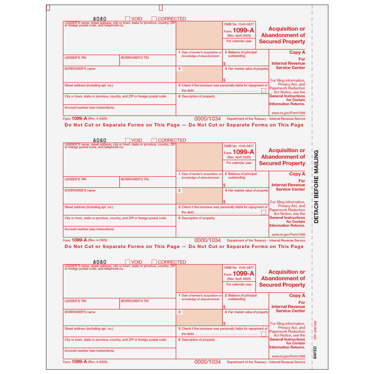 2026 1099-A Federal Copy A Forms