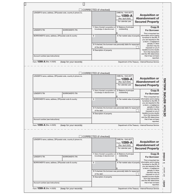 Form 1099-A Acquisition or Abandonment of Secured Property - Copy B Borrower