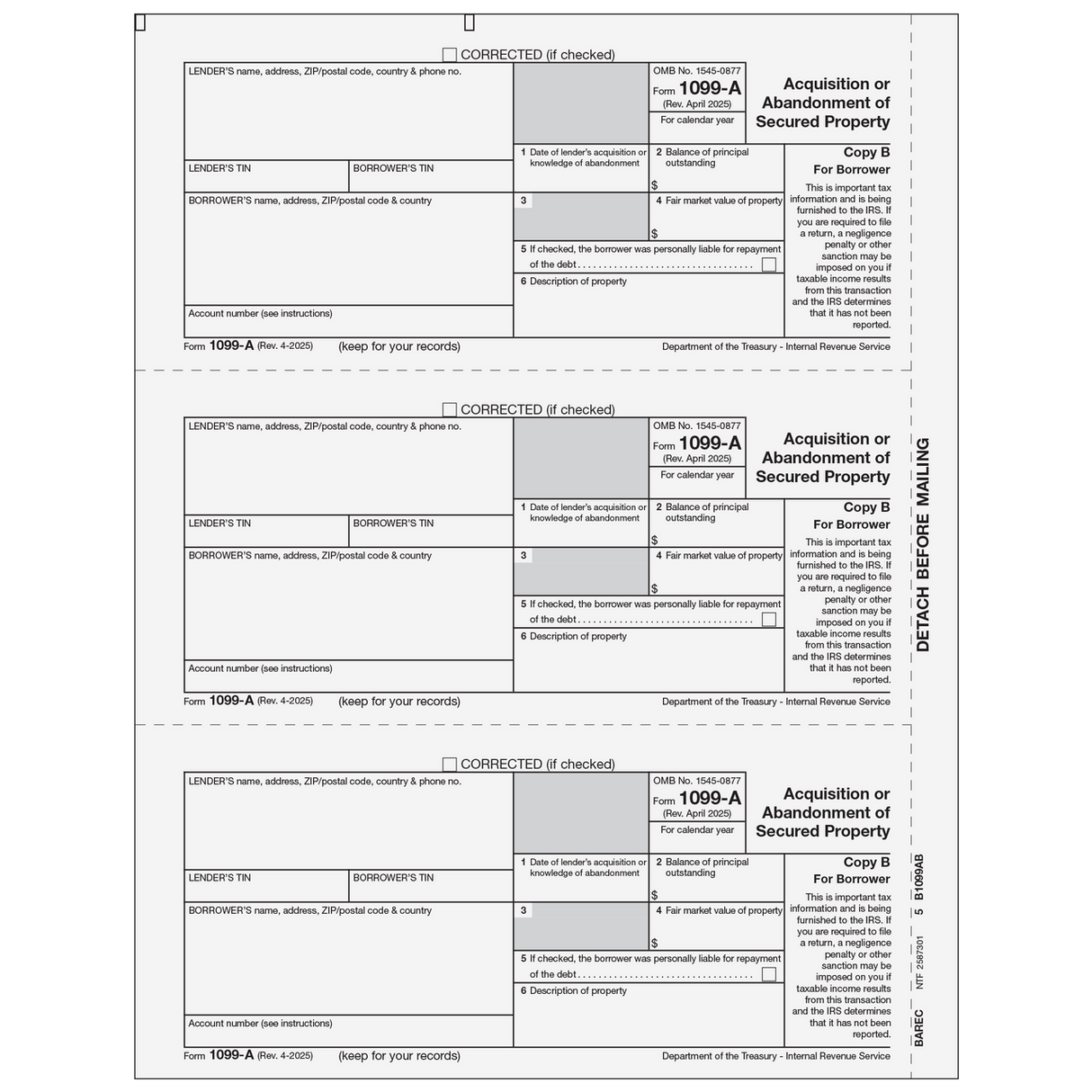 2026 1099-A Borrower Copy B Forms