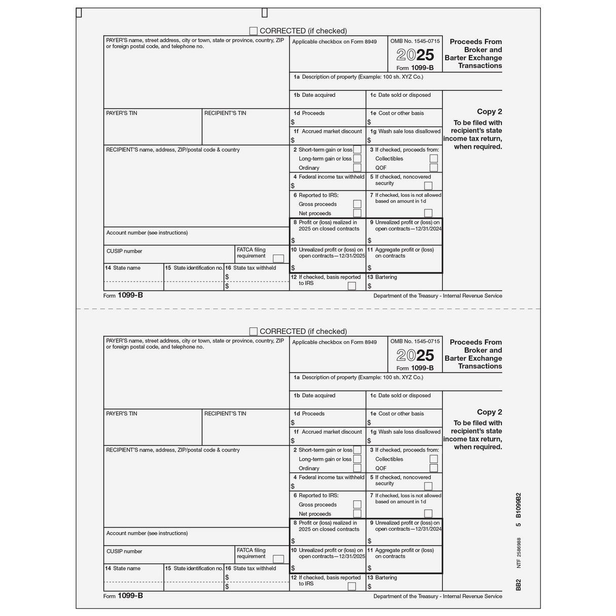 Form 1099-B Proceeds From Broker and Barter Exchange Transactions - Copy 2 Recipient State - 25 Qty