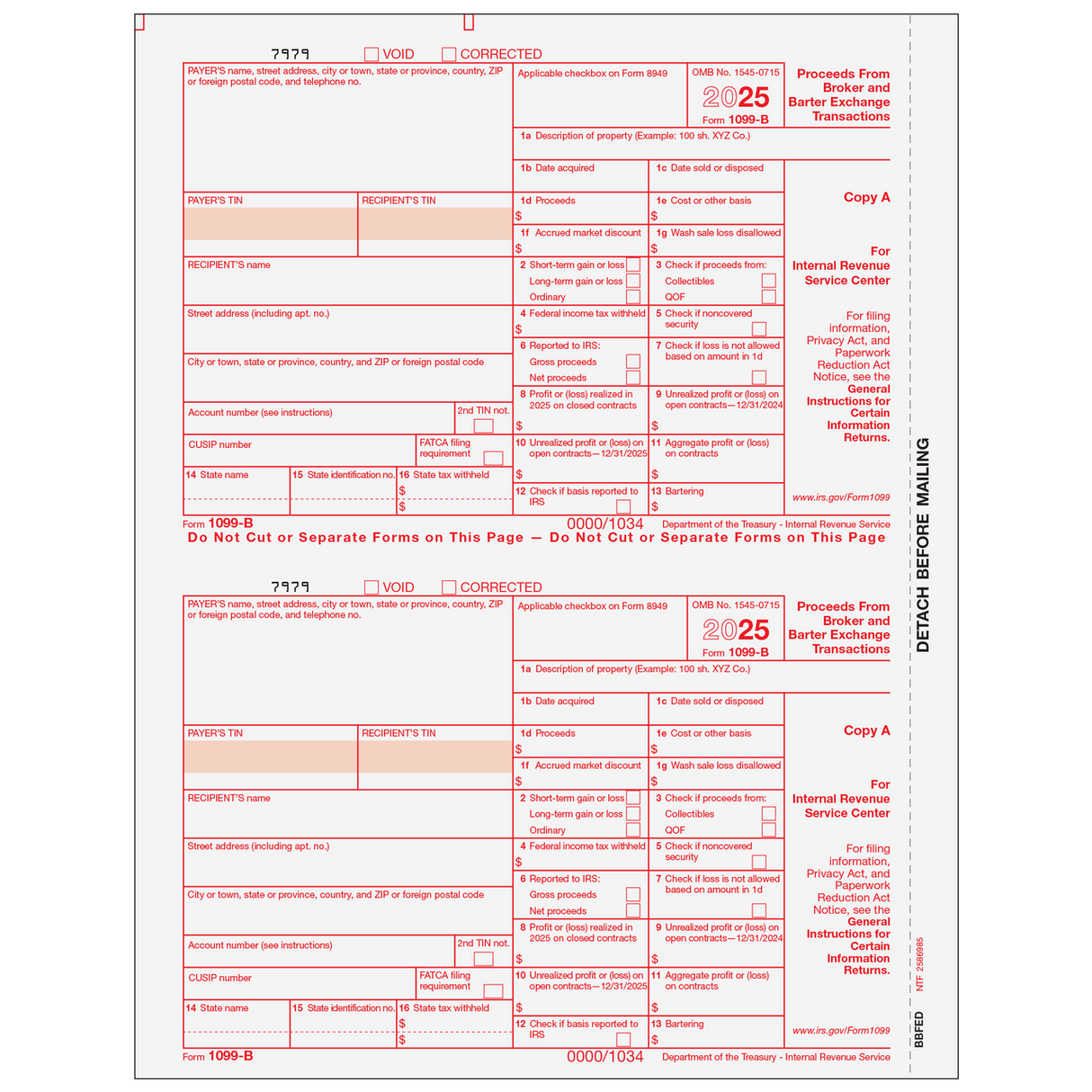 Form 1099-B Proceeds From Broker and Barter Exchange Transactions- Copy A Federal- 25 Qty