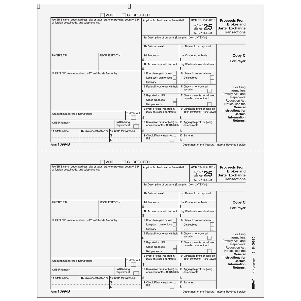 Form 1099-B Proceeds From Broker and Barter Exchange Transactions - Copy C Payer - 25 Qty