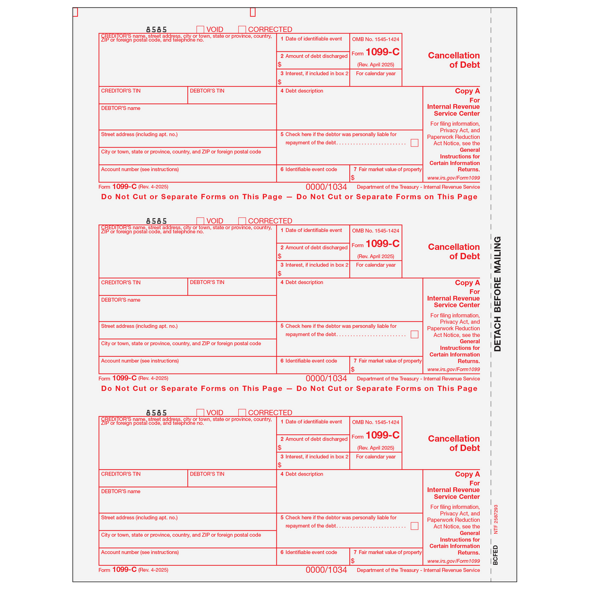 2026 1099-C Federal Copy A Forms