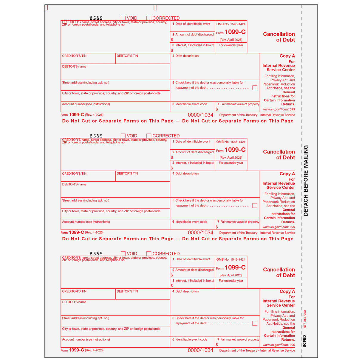 2026 1099-C Federal Copy A Forms
