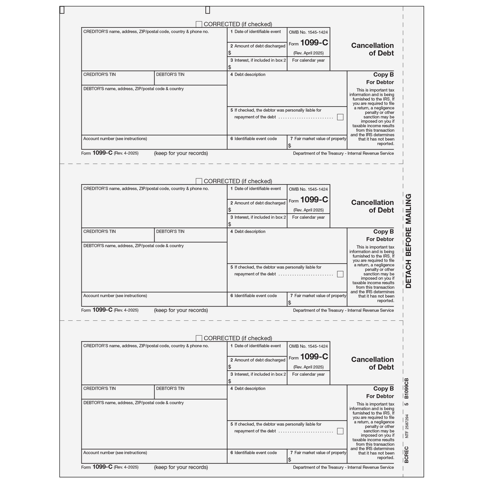 2026 1099-C Debtor Copy B Forms