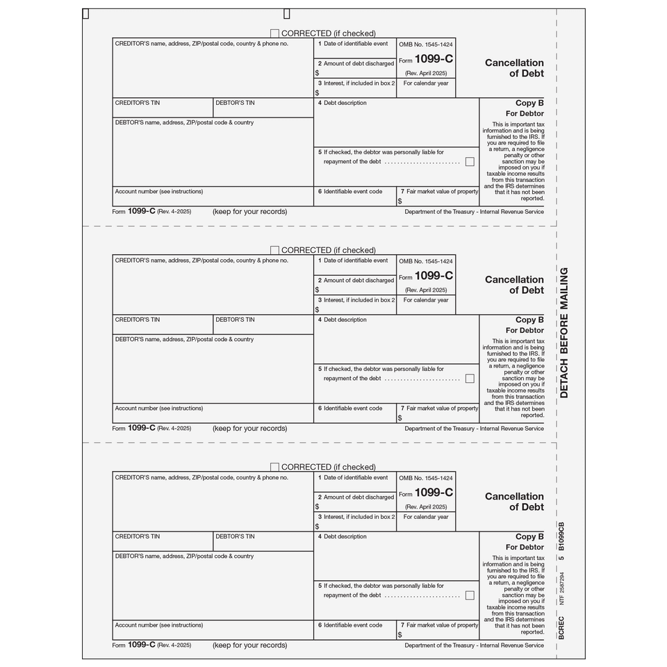 2026 1099-C Debtor Copy B Forms