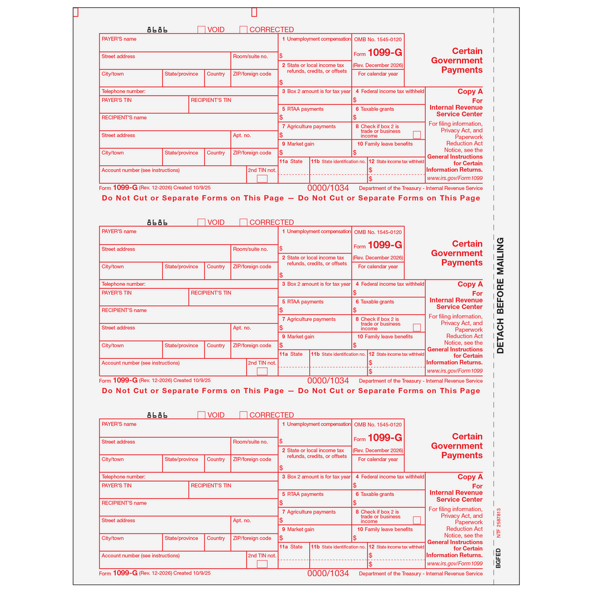 2026 1099-G Federal Copy A Forms