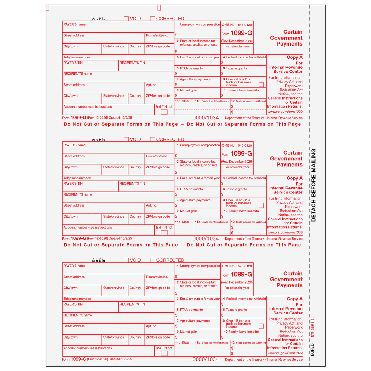 2026 1099-G Federal Copy A Forms