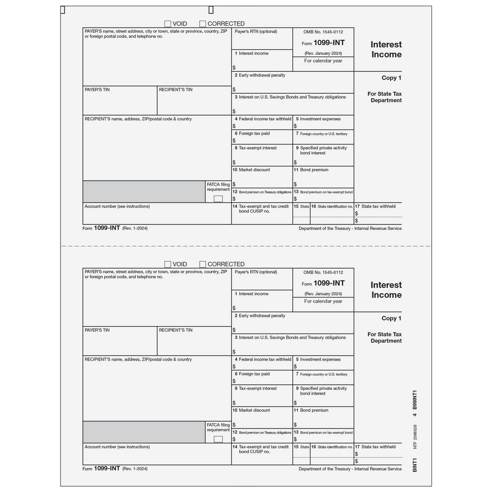 1099-INT Interest Income - Payer State Copy 1 - 25 Qty