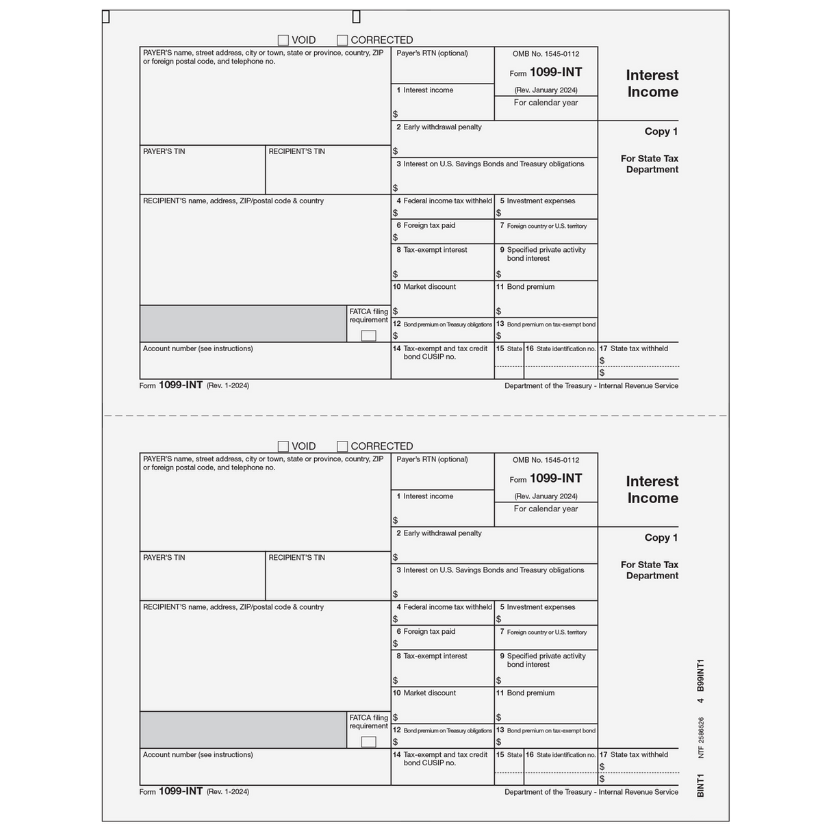 1099-INT Interest Income - Payer State Copy 1 - 25 Qty