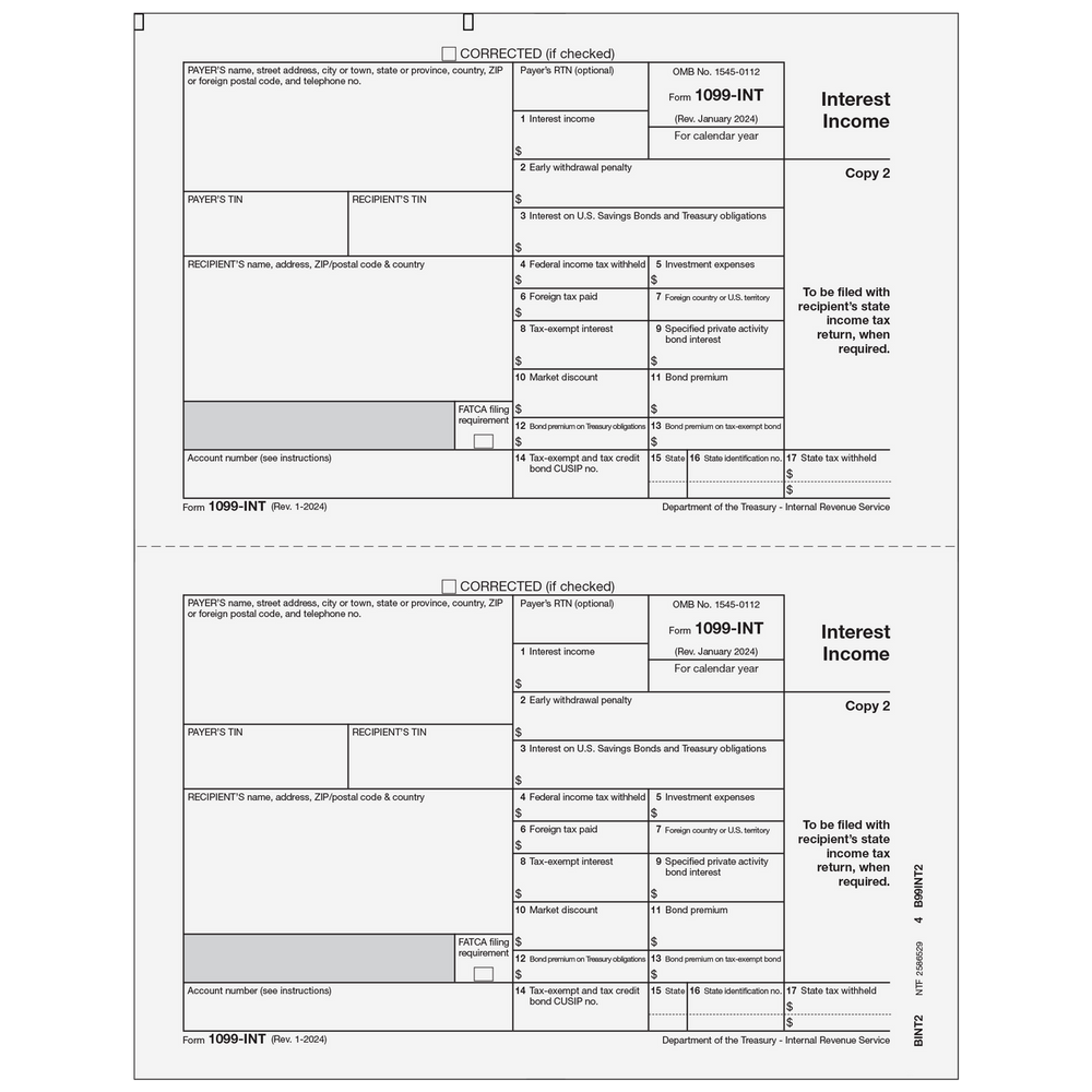 1099-INT Interest Income - Recipient State Copy 2 - 25 Qty