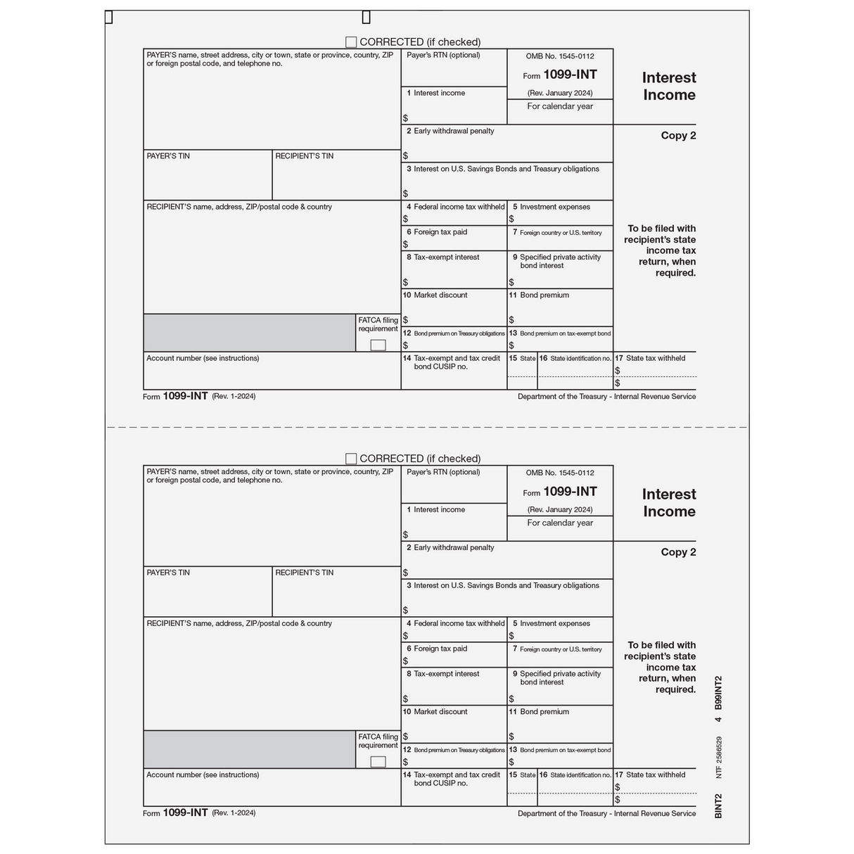 1099-INT Interest Income - Recipient State Copy 2 - 25 Qty