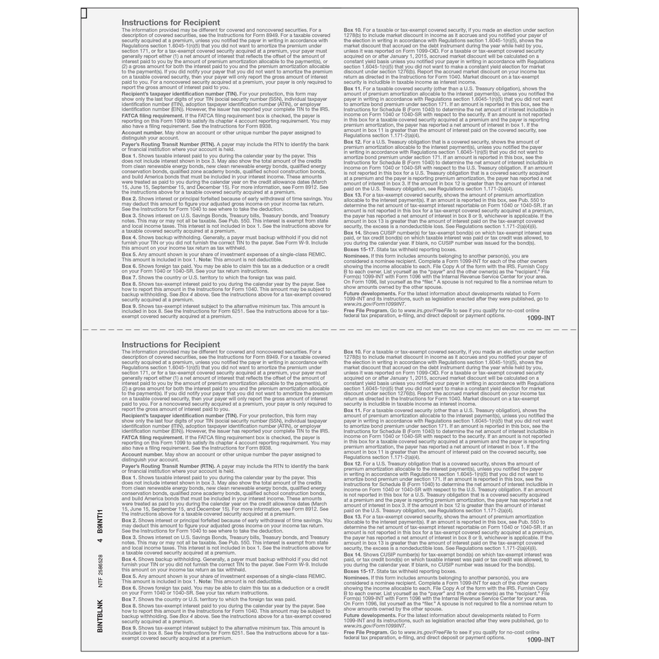 2026 1099-INT 2-Up Blank Laser Paper with Instructions on Both Panels