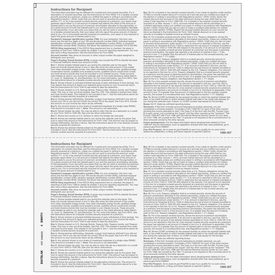 2026 1099-INT 2-Up Blank Laser Paper with Instructions on Both Panels – Back View