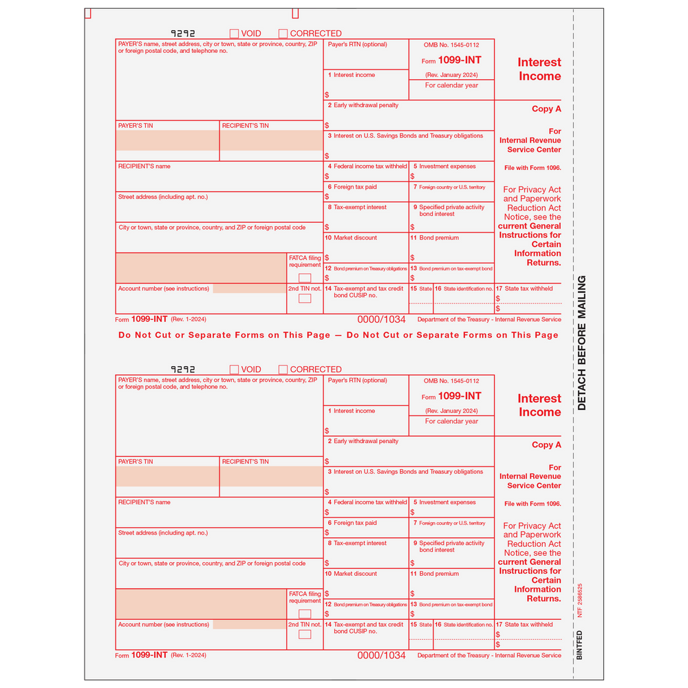 1099-INT Interest Income - Copy A Federal - 25 Qty