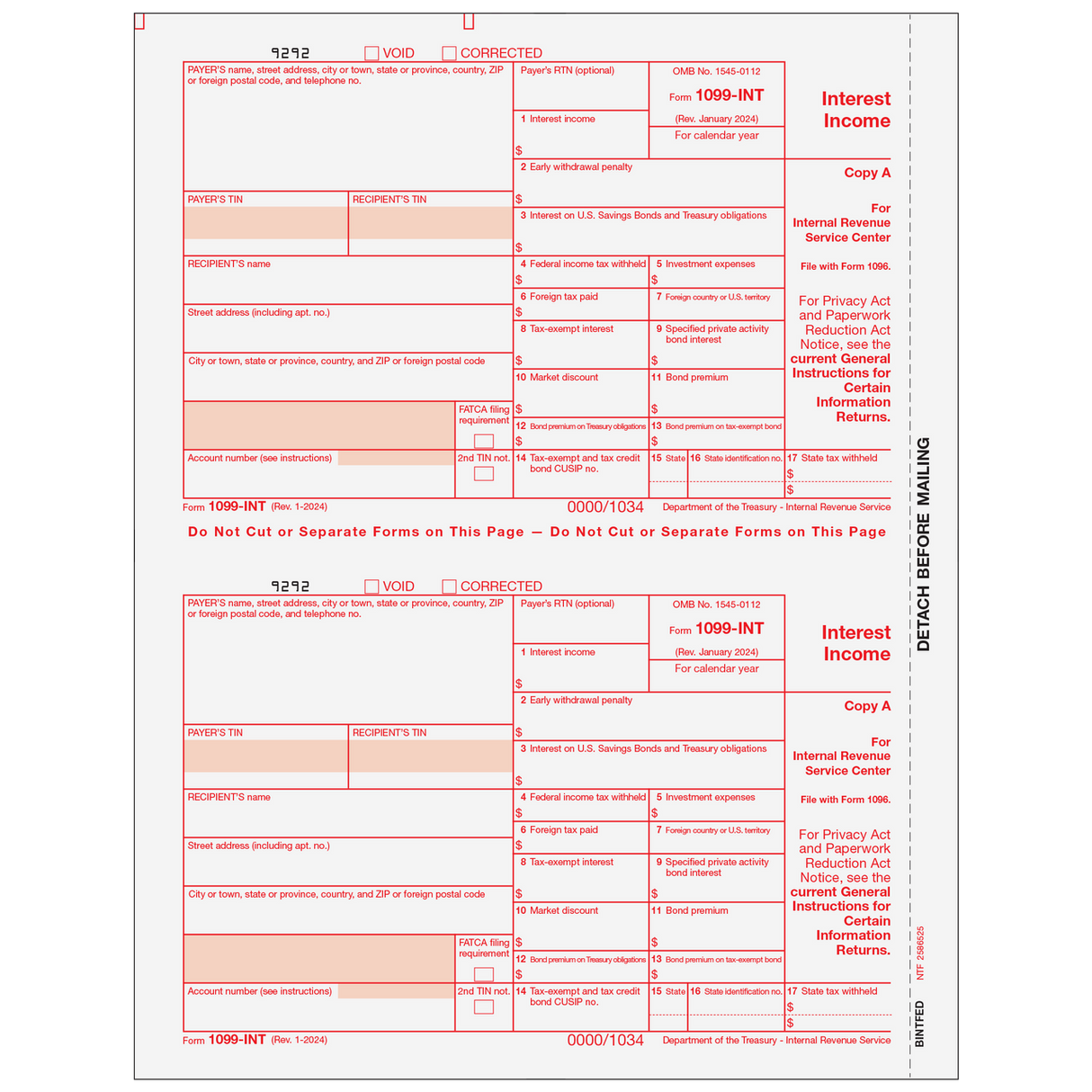 1099-INT Interest Income - Copy A Federal - 25 Qty