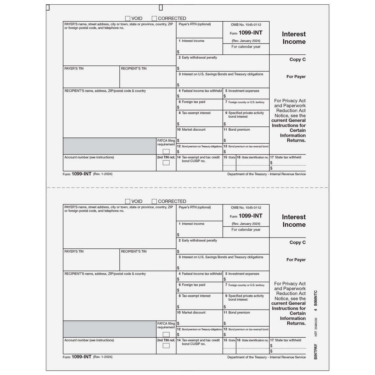 1099-INT Interest Income - Copy C Payer - 25 Qty