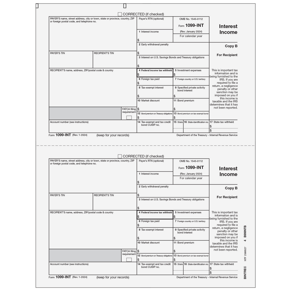 1099-INT Interest Income - Copy B Recipient - 25 Qty