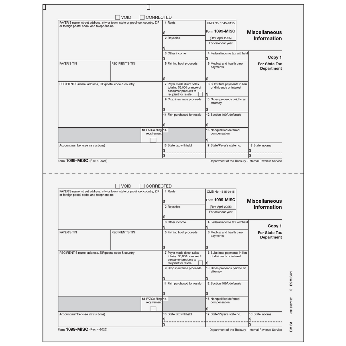 1099-MISC Miscellaneous Information - Payer State Copy 1 - 25 Qty