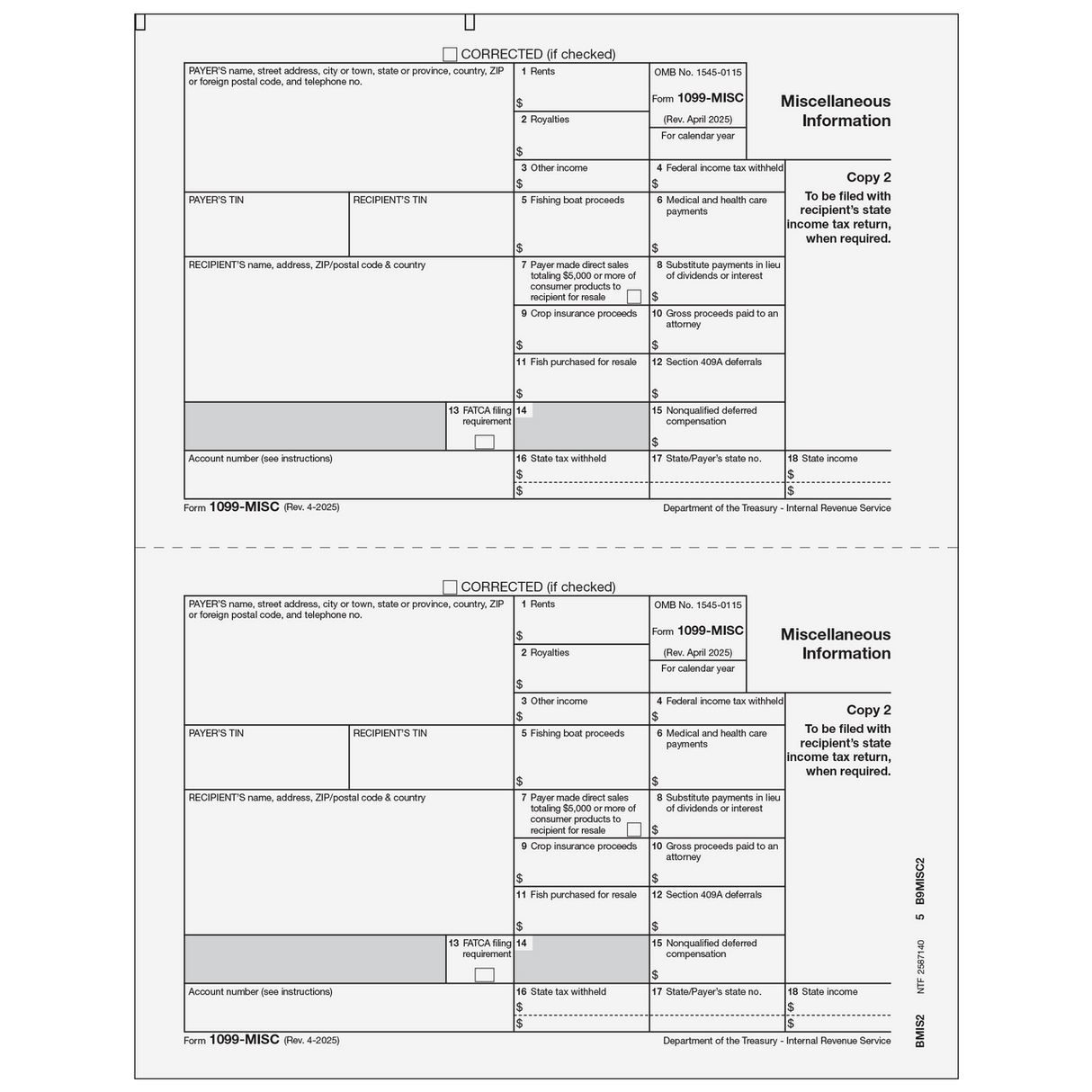 1099-MISC Miscellaneous Information - Recipient State Copy 2 - 25 Qty