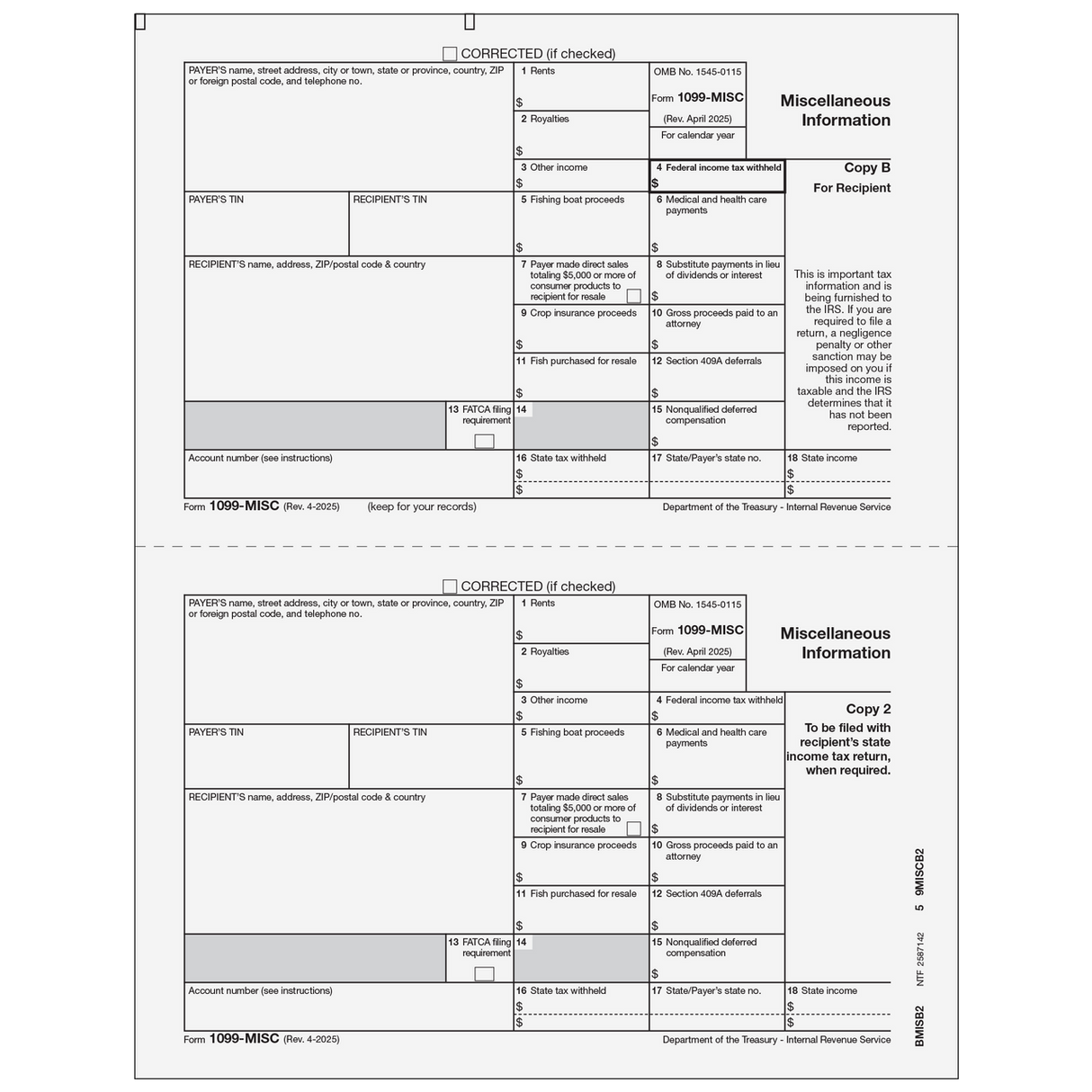 1099-MISC Miscellaneous Information - Recipient Copies B/2 - 25 Qty