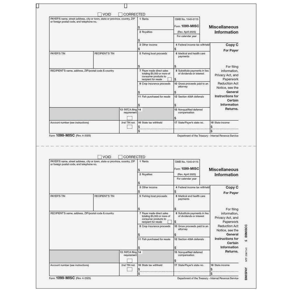 1099-MISC Miscellaneous Information - Payer Copy C - 25 Qty