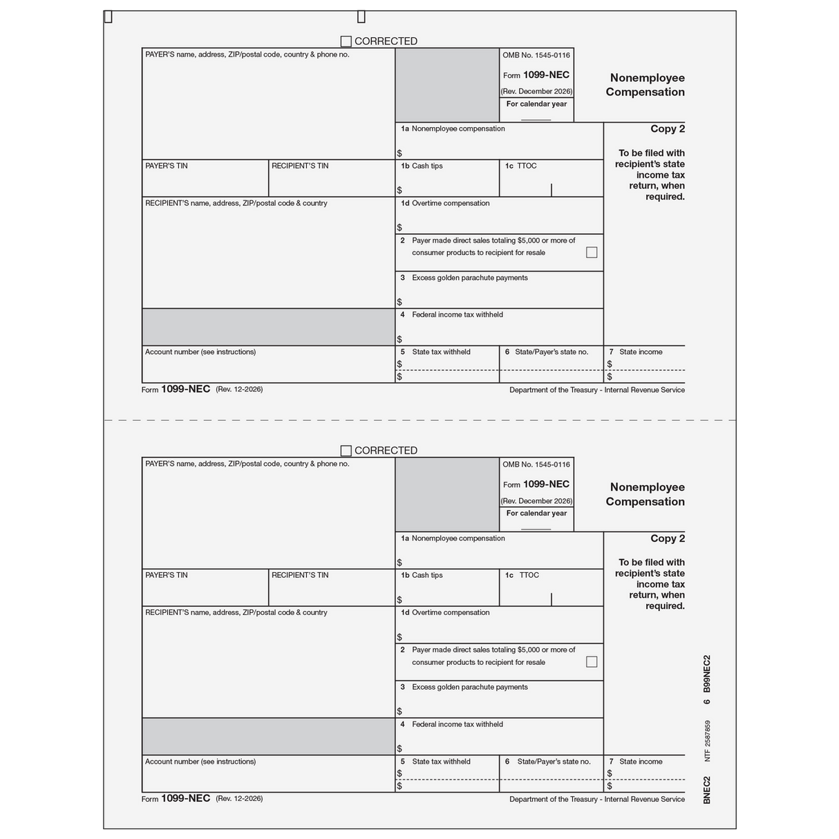 2026 1099-NEC Recipient State Copy 2 Forms