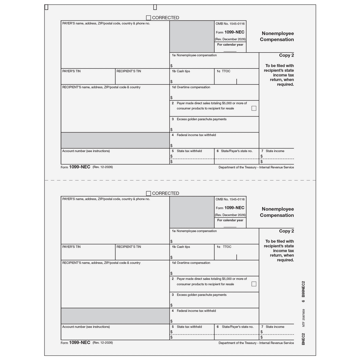 2026 1099-NEC Recipient State Copy 2 Forms