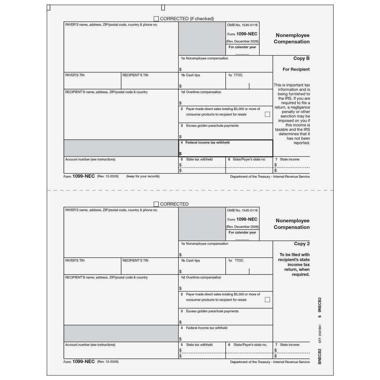 2026 1099-NEC Condensed Recipient Copies B/2 Forms