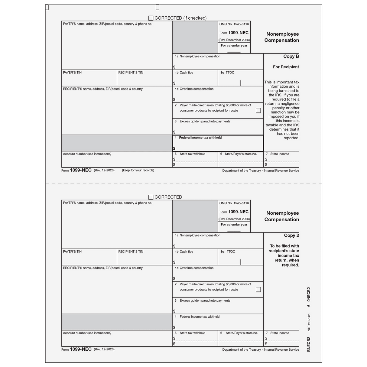 2026 1099-NEC Condensed Recipient Copies B/2 Forms