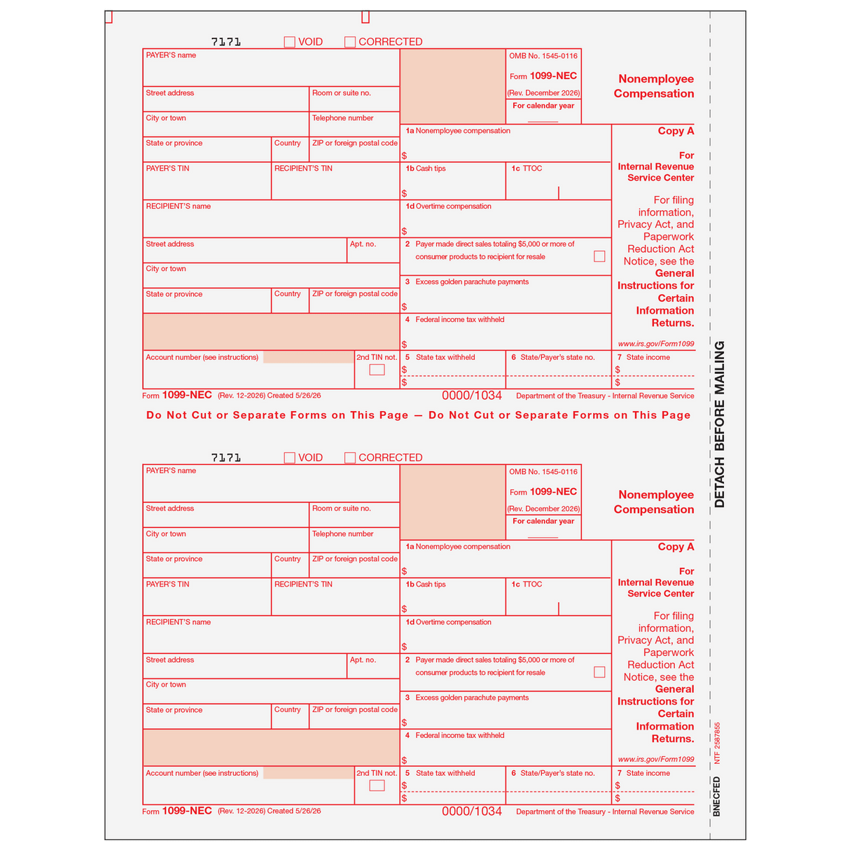 2026 1099-NEC Federal Copy A Forms