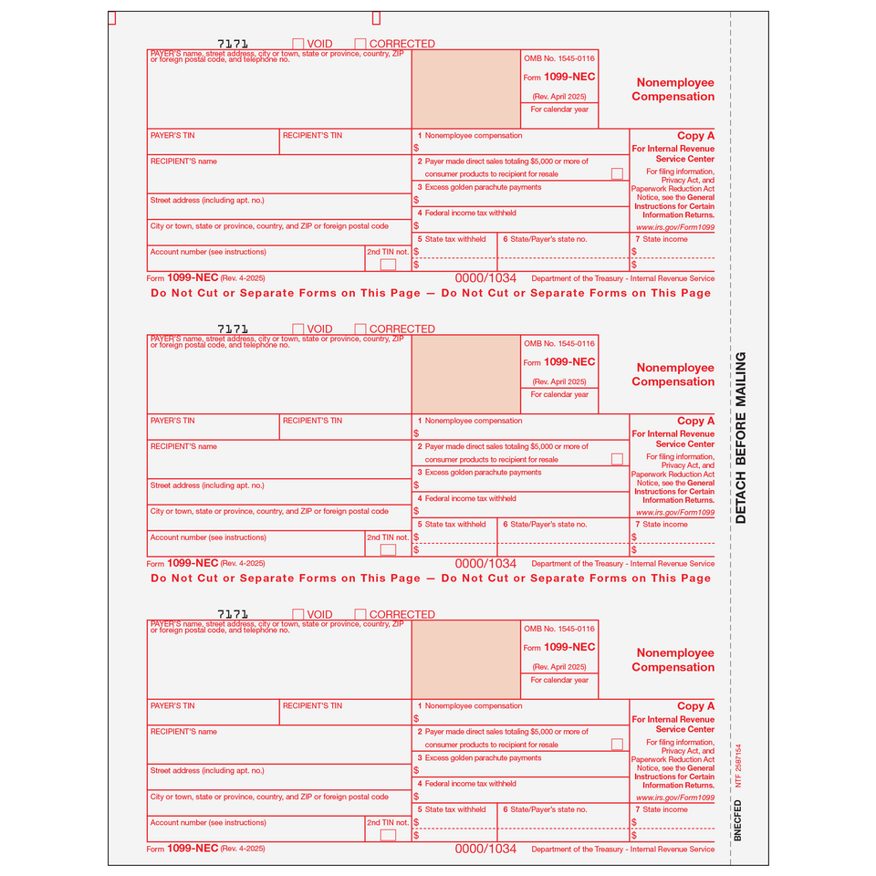 1099-NEC Non-Employee Compensation - Copy A Federal - 25 Qty
