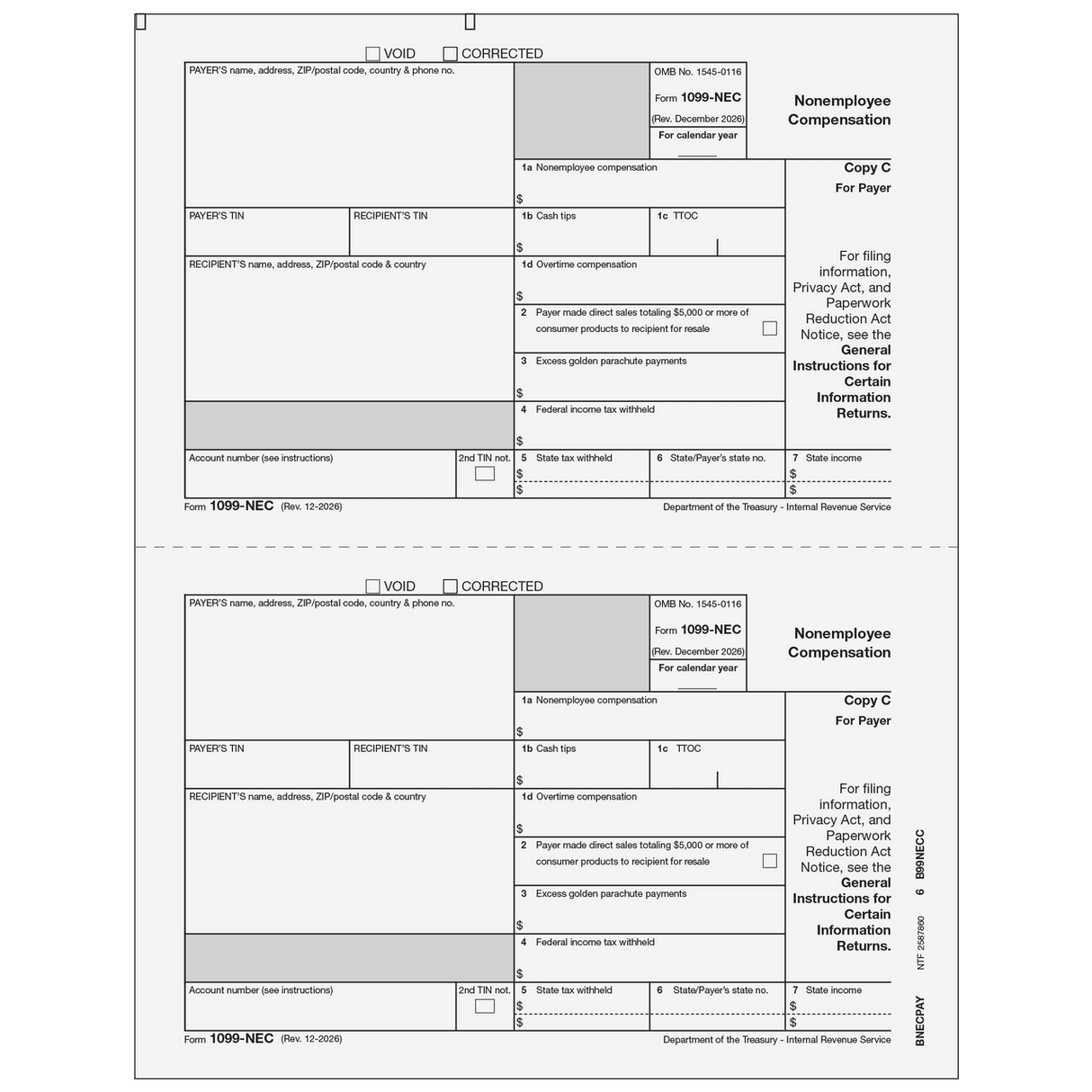 2026 1099-NEC Payer Copy C Forms