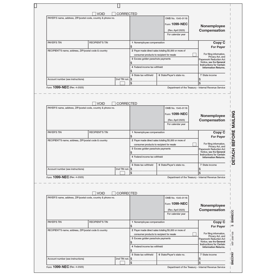 1099-NEC Non-Employee Compensation - Copy C Payer - 25 Qty