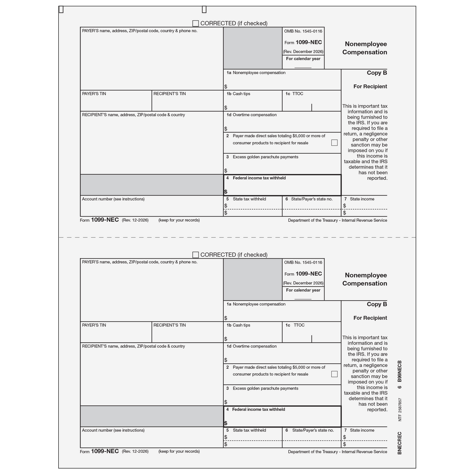 2026 1099-NEC Recipient Copy B Forms