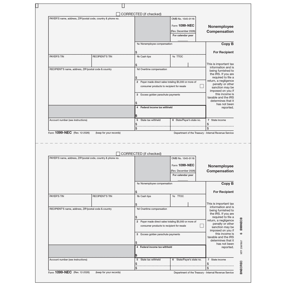 2026 1099-NEC Recipient Copy B Forms