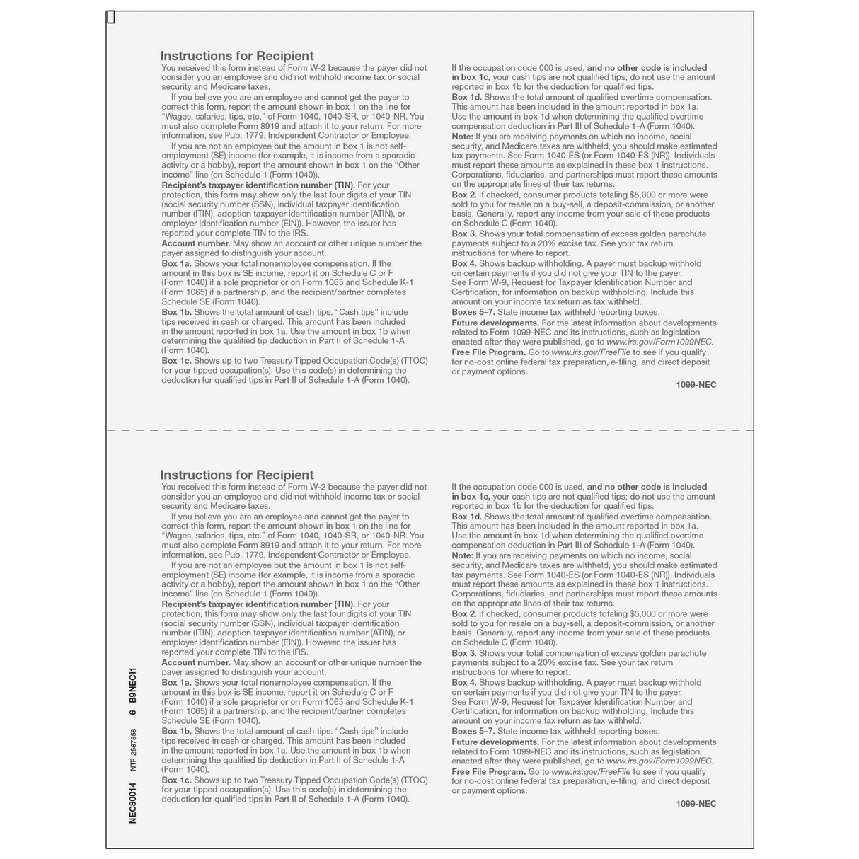 2026 1099-NEC Recipient Copy B Forms