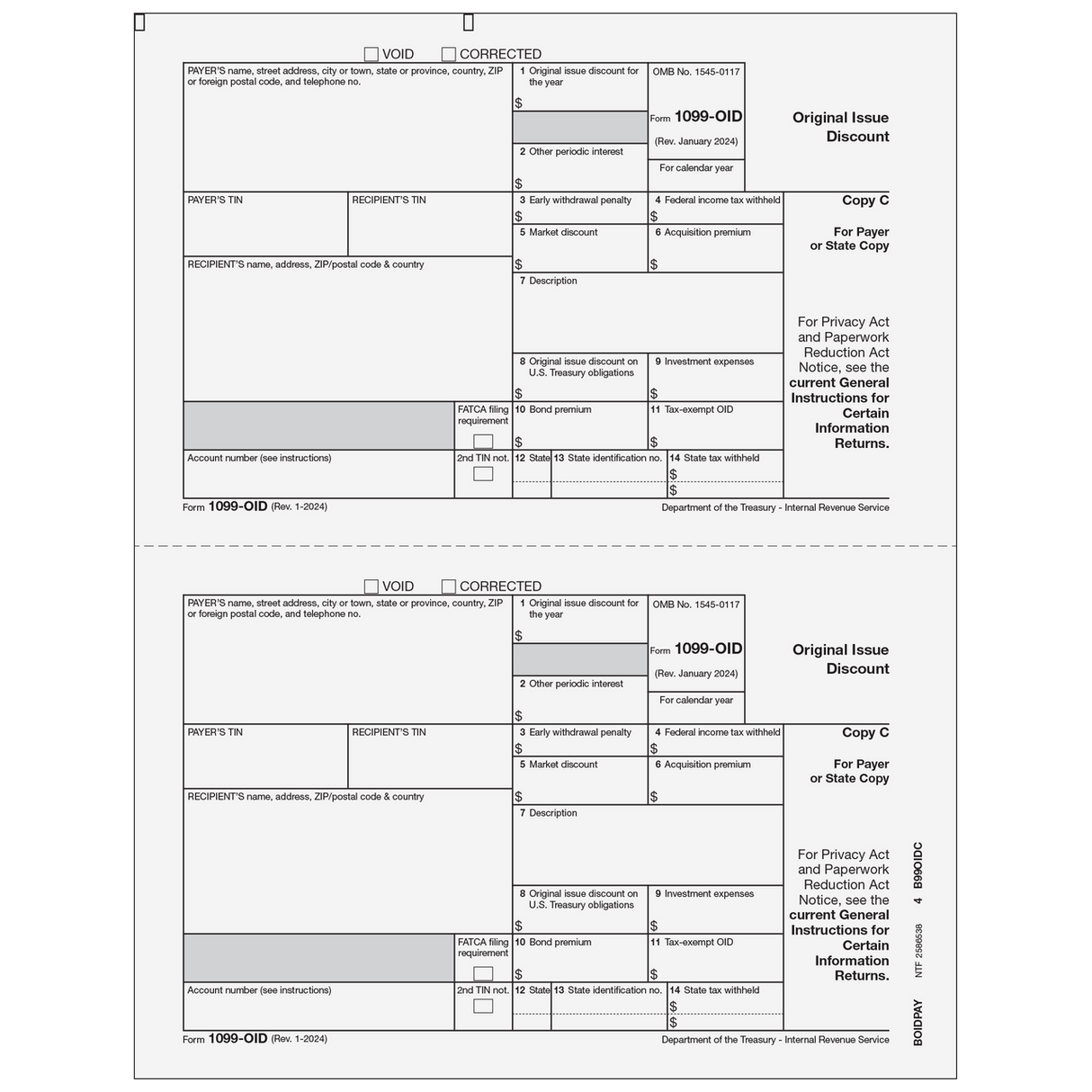 Form 1099-OID Original Issue Discount - Copy C Payer - 25 Qty