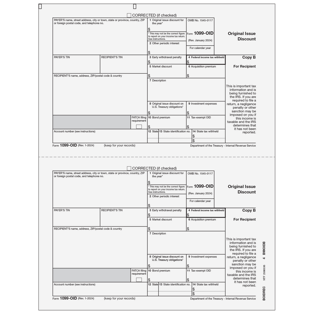 Form 1099-OID Original Issue Discount - Copy B Recipient - 25 Qty