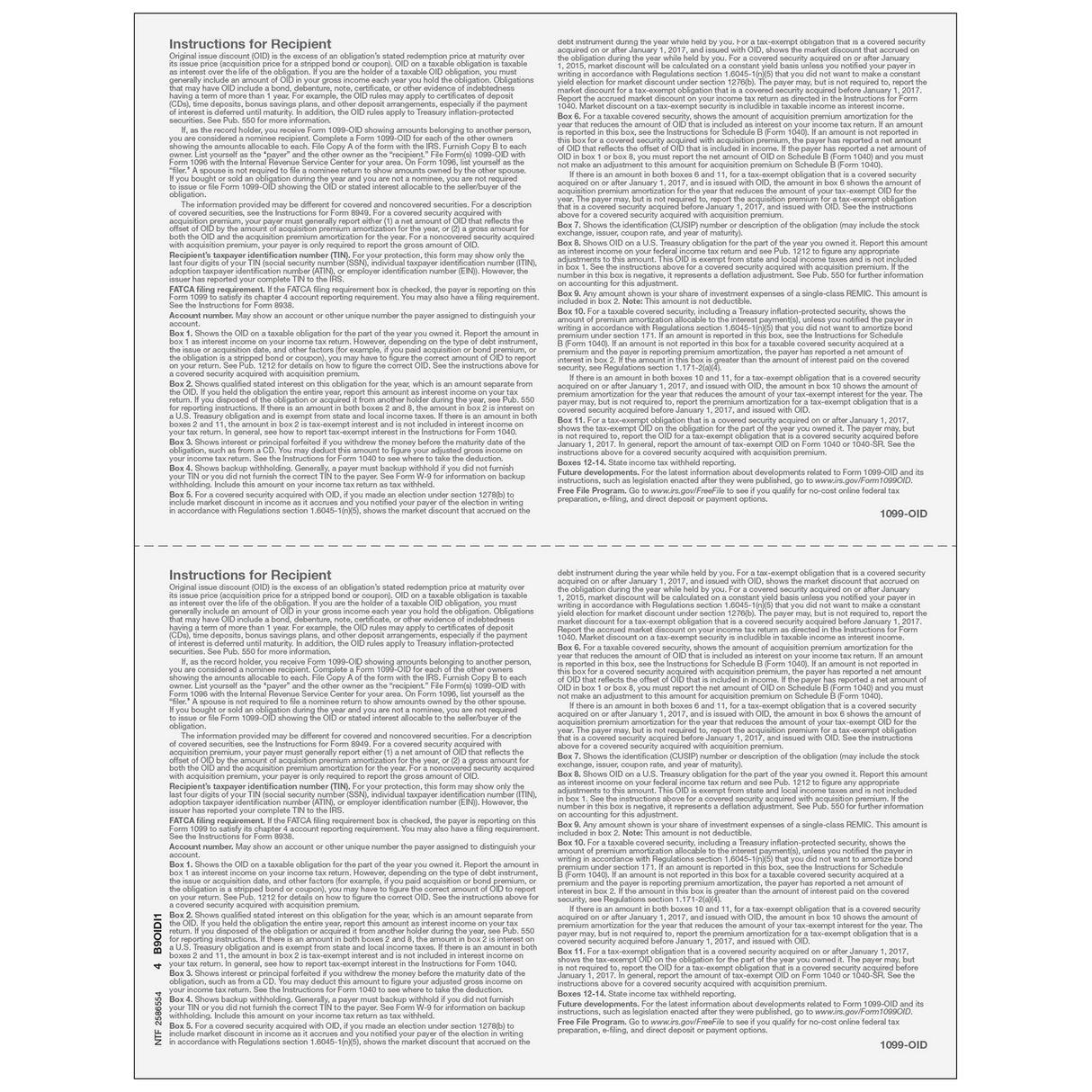 Form 1099-OID Original Issue Discount - Copy B Recipient - 25 Qty