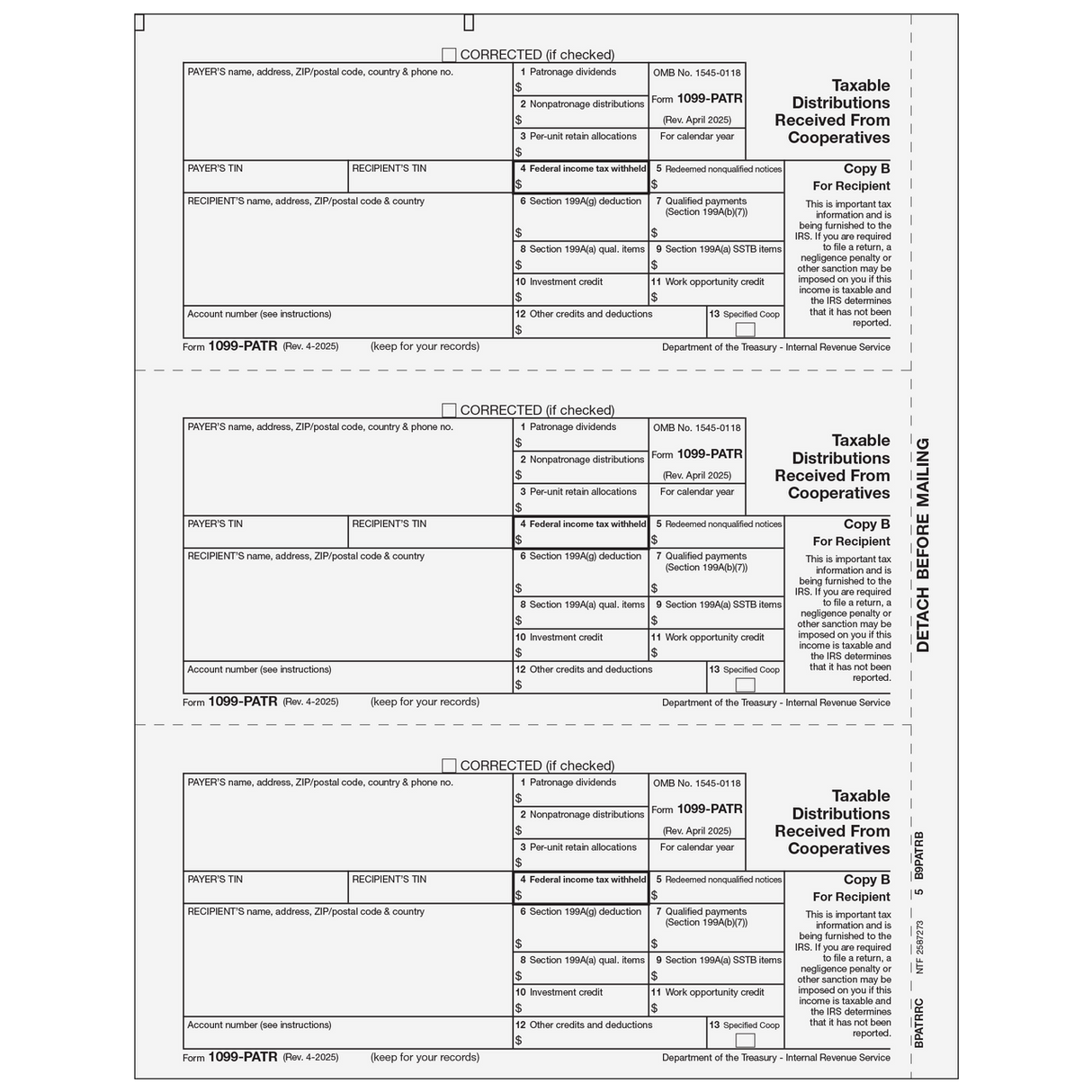 Form 1099-PATR Taxable Distributions From Cooperatives - Copy B Recipient - 25 Qty