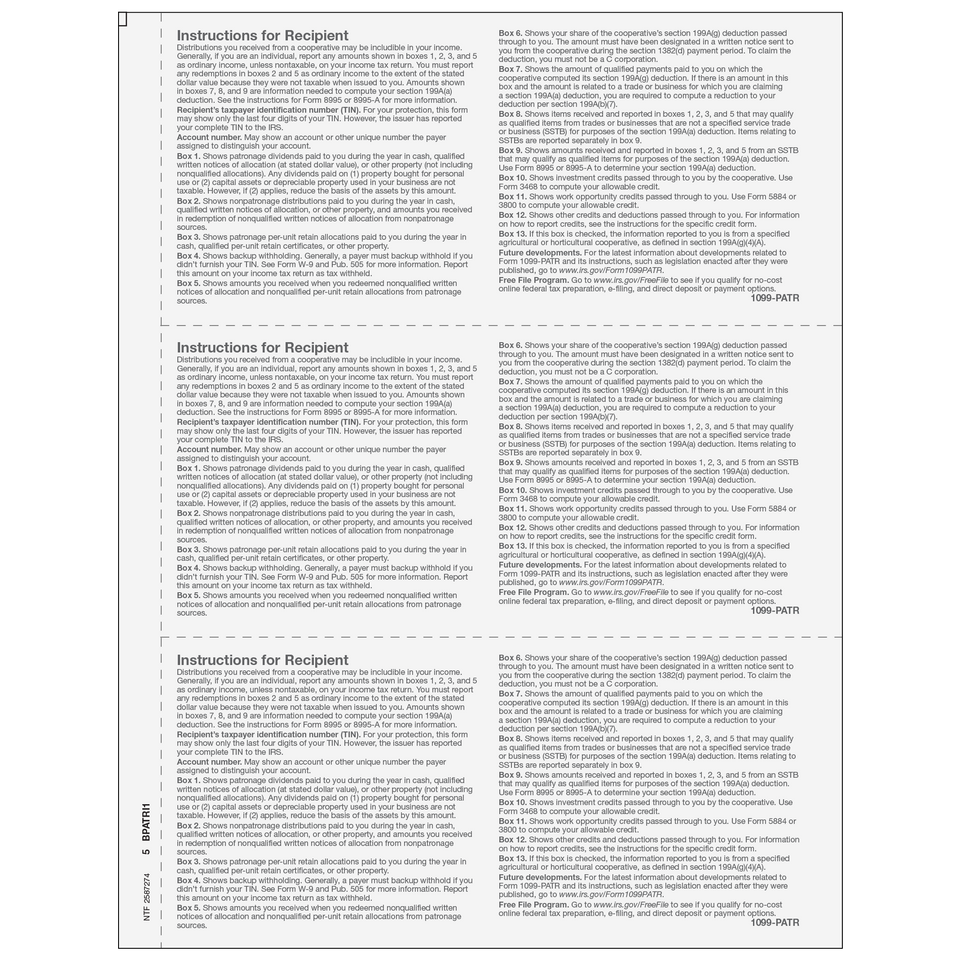 Form 1099-PATR Taxable Distributions From Cooperatives - Copy B Recipient - 25 Qty