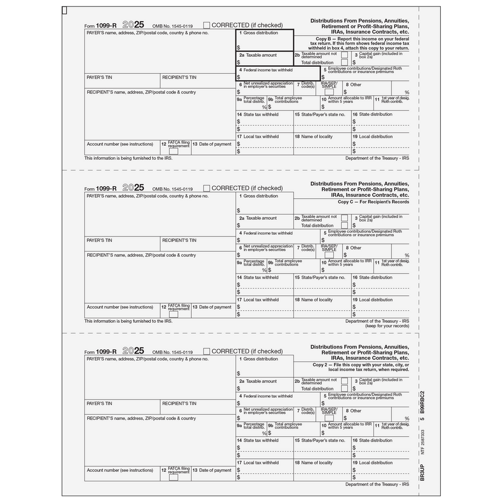 1099-R Distributions From Pensions, etc. Condensed 3up Recipient Copies B/C/2 - 25 Qty