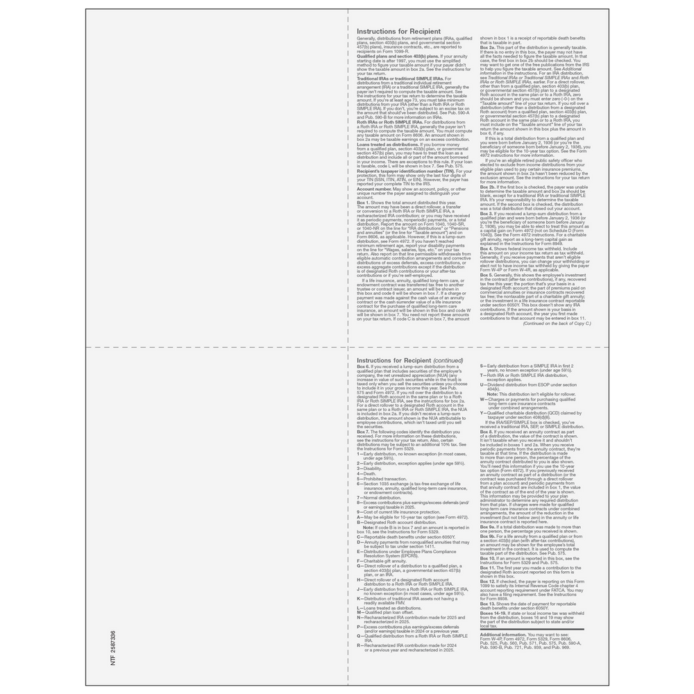 1099-R 4up Quadrant Recipient Copies: B/2/C/2 - 25 Qty