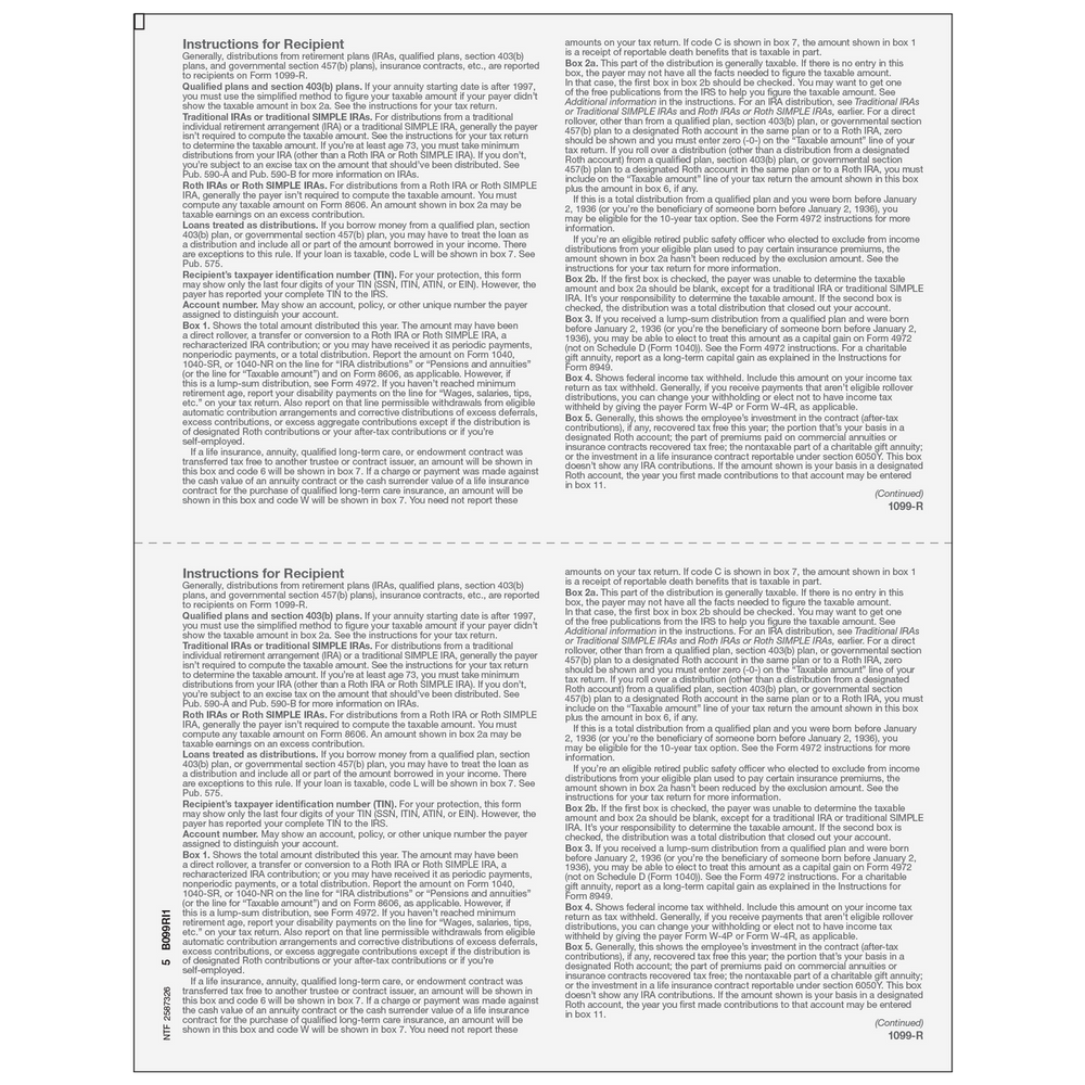 Form 1099-R Distributions From Pensions, etc.- Copy B Recipient - 25 Qty