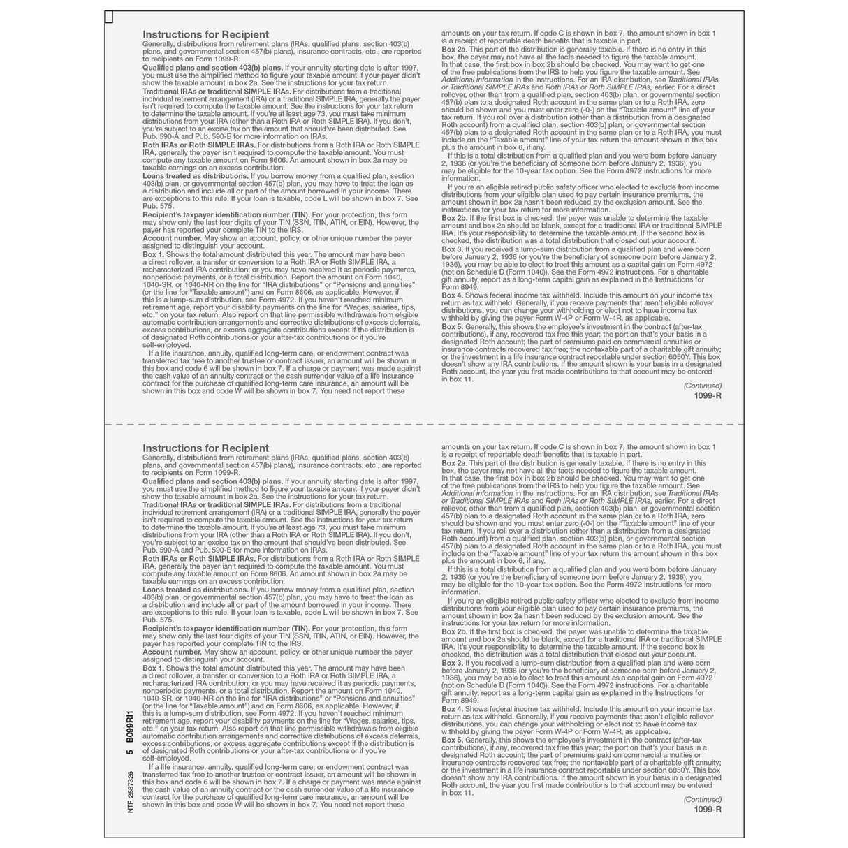 Form 1099-R Distributions From Pensions, etc.- Copy B Recipient - 25 Qty