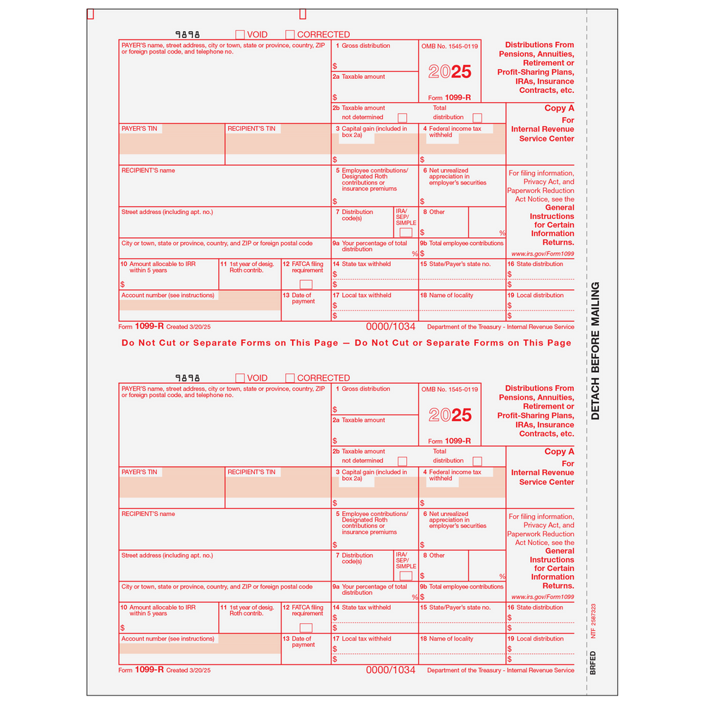 Form 1099-R Distributions From Pensions, etc. - Copy A Federal- 25 Qty