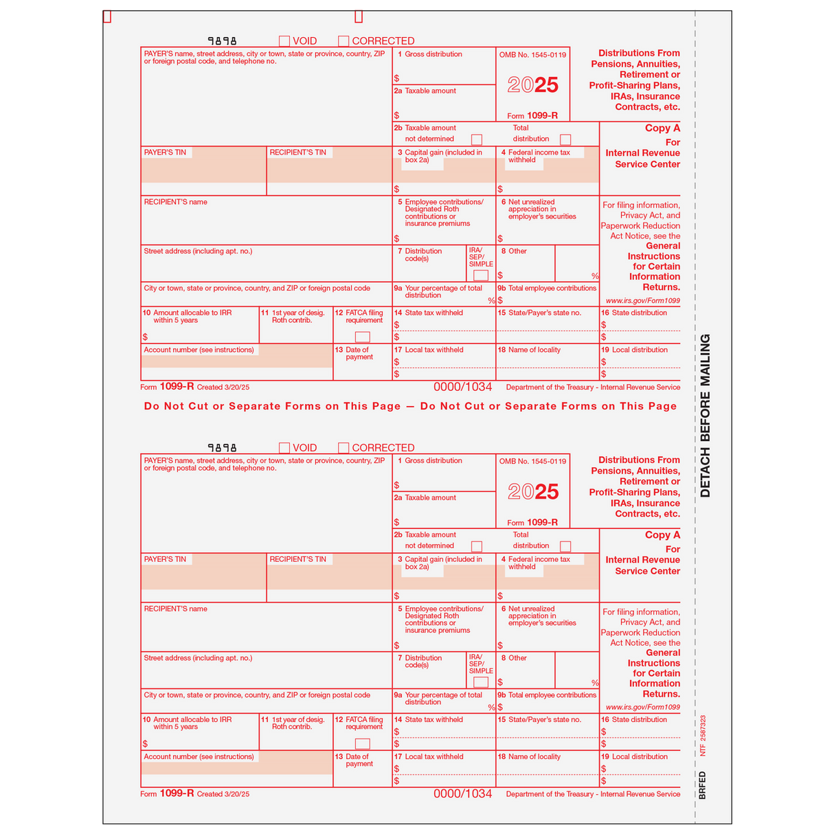 Form 1099-R Distributions From Pensions, etc. - Copy A Federal- 25 Qty