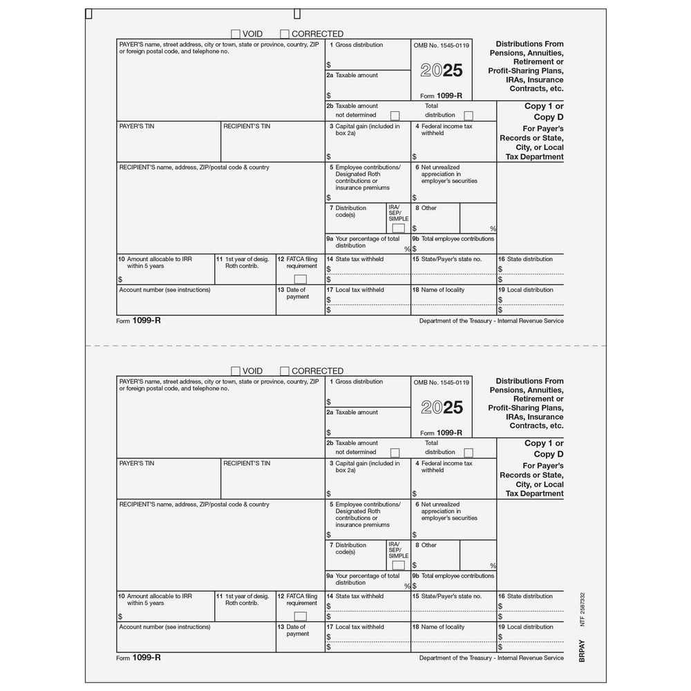 Form 1099-R Distributions From Pensions, etc. Copy D/1 Payer/State - 25 Qty